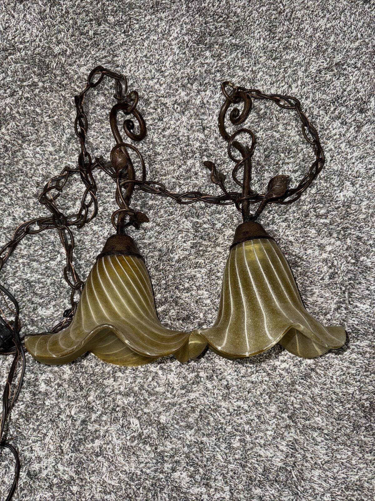 2x Vintage Amber Pendent Lights Scallop 16 Inch