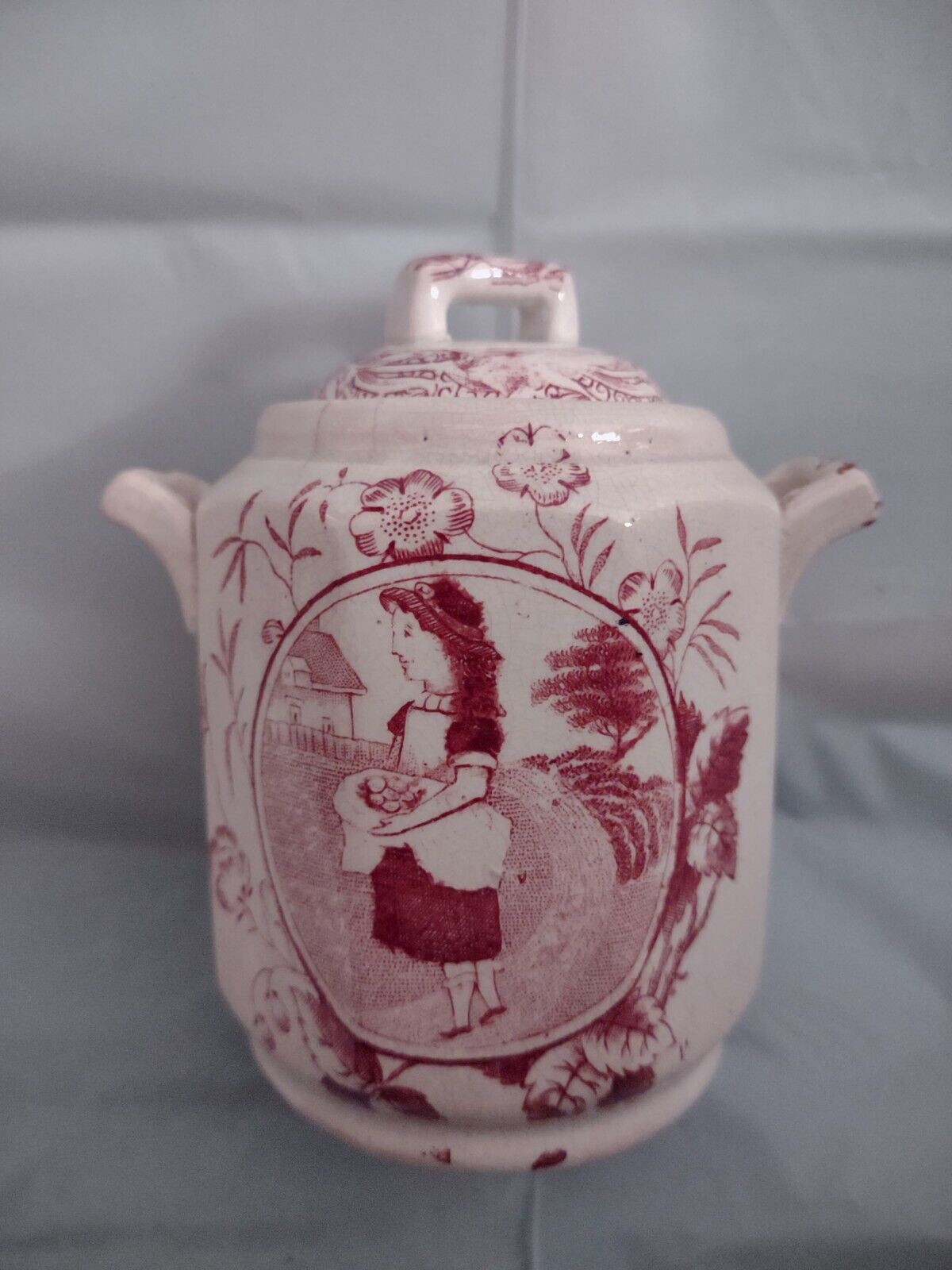 Child\'s Red Transferware Biscuit Jar Little May With Apron Staffordshire England