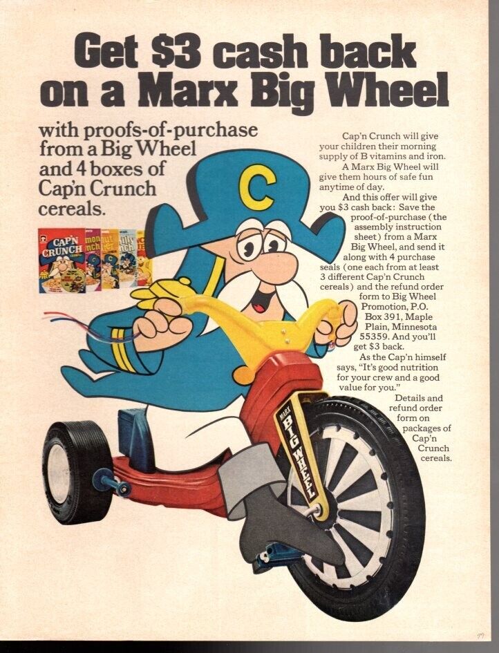 advertising print 1977 Cap\'n Crunch ceral Cash Back Marx Big Wheel tricycle ad