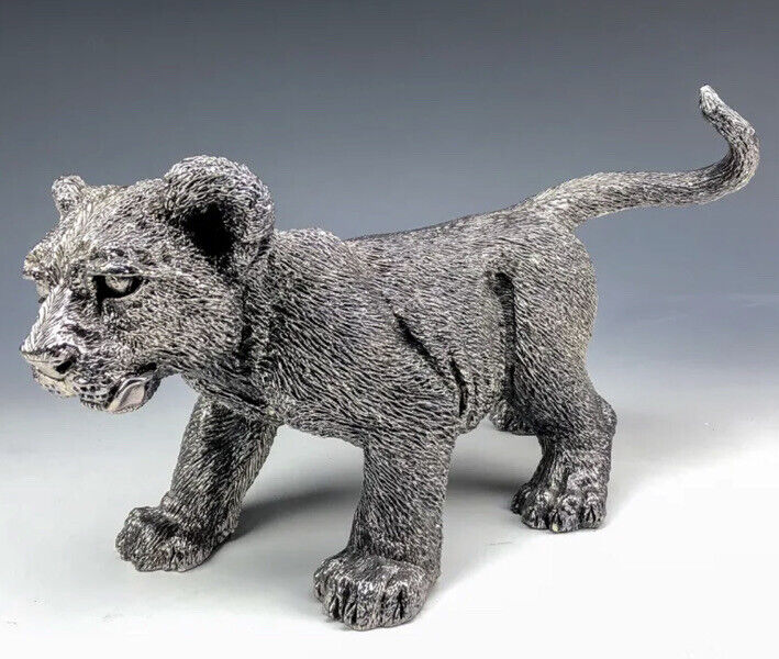 Rare Zanfeld 999 Silver ￼Wrapped Lion Cub Figure Statue 6 1/2in. x 13 x 5 1/4