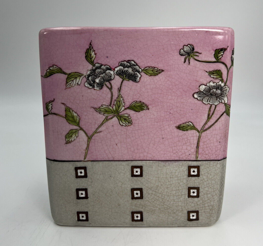 Vintage Fabienne Jouvin Paris Square Porcelain Vase Pink Gray Flowers Squares