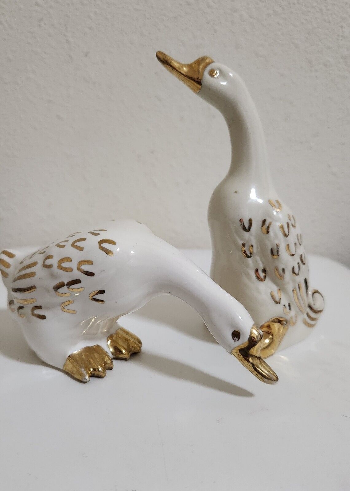Pair of Milky Colored Porcelain Ducks w/ Gold Trim - Smoke Free Home