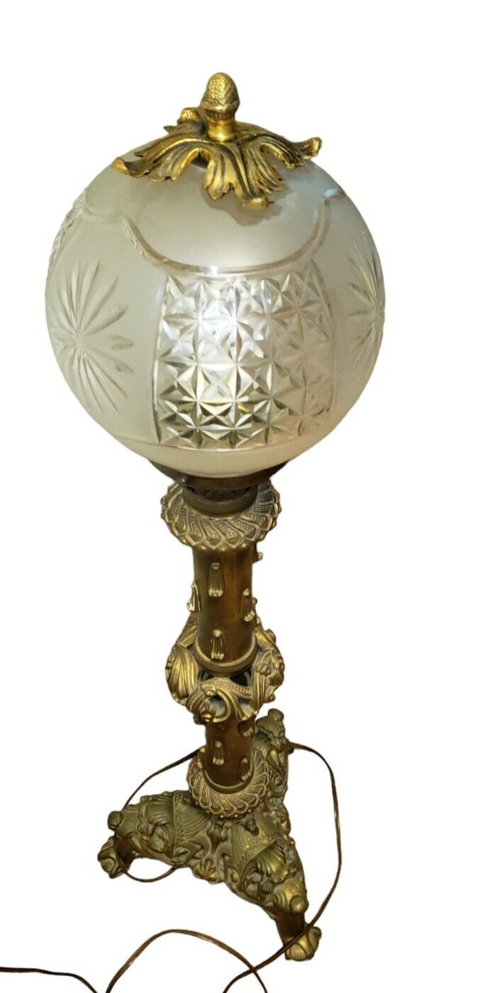 Vintage Brass Table Lamp With Etched Glass Top Dragon Foot Decorated