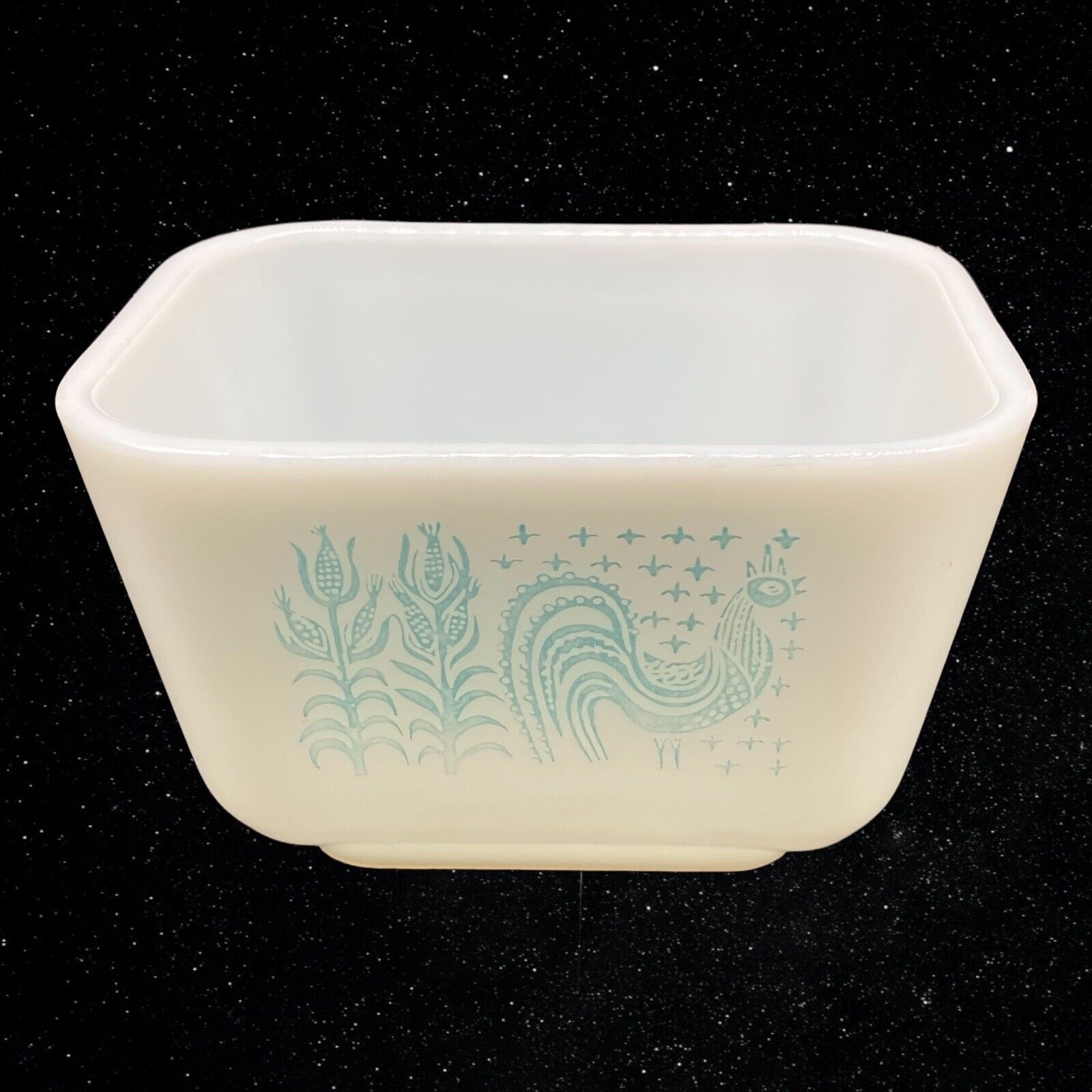 1960s Pyrex Turquoise Amish Butterprint Rooster Refrigerator Dish 2”T 4.25”W
