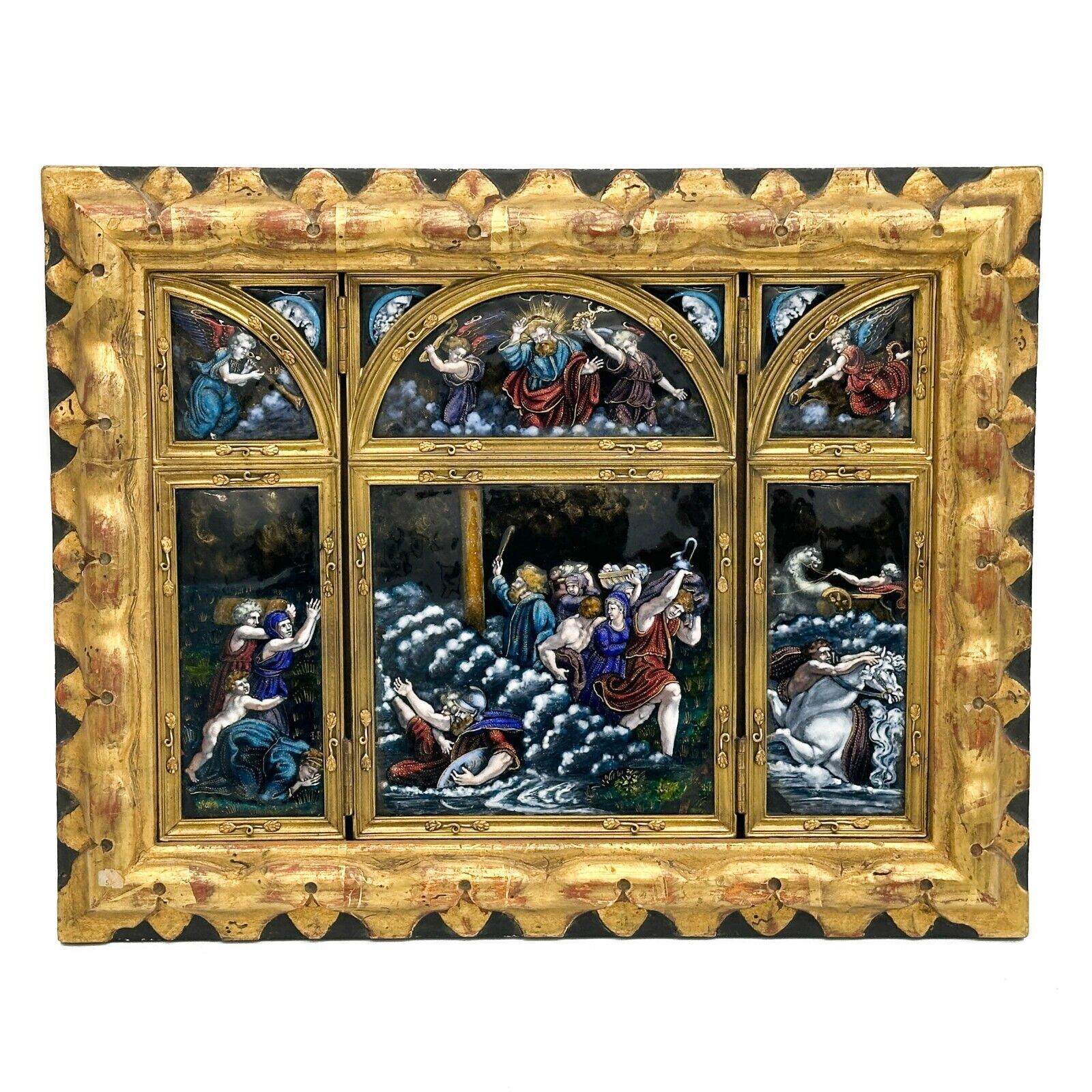 Limoges Enamel on Copper Plaques Painted Biblical Scene Triptych Framed 19th cen