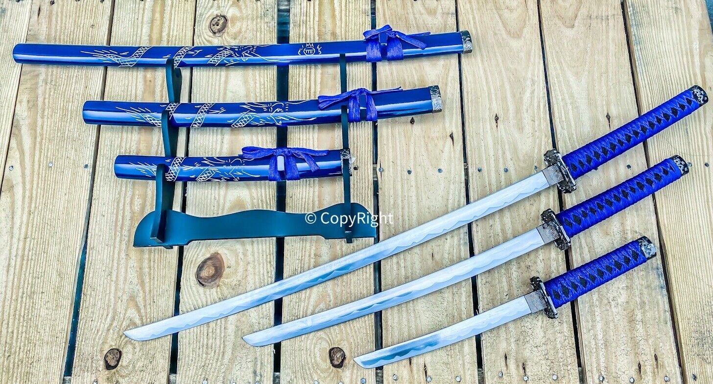 3 Pc Blue Dragon Samurai Sword Set Carbon Steel Blades with Stand