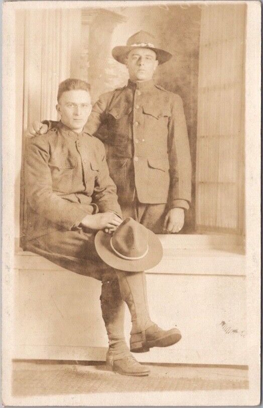 Vintage 1910s WWI Studio Photo RPPC Postcard 2 Attractive Young Soldiers /Unused