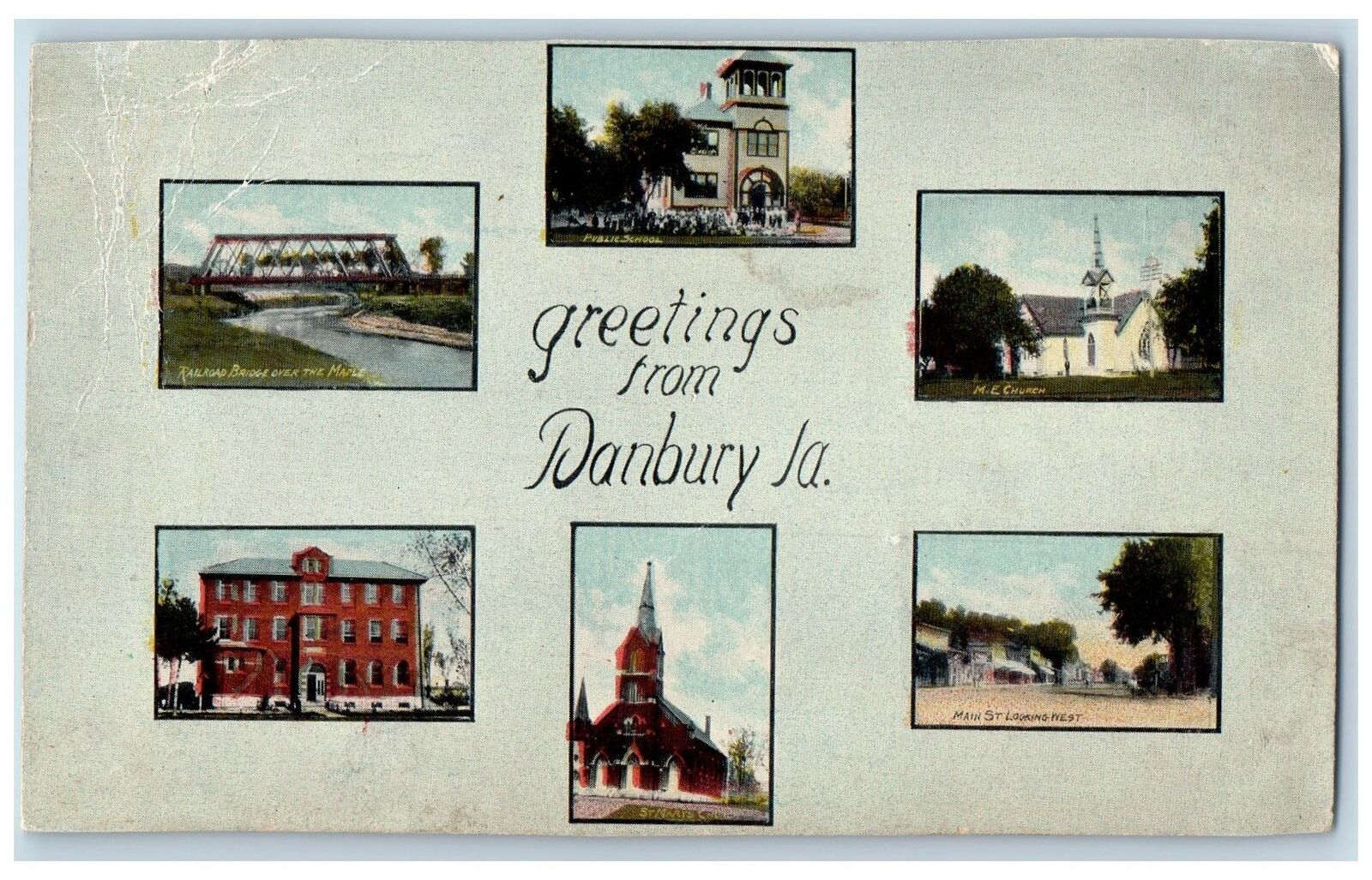 c1921 Greetings From Danbury Multiview Buildings Iowa IA Correspondence Postcard