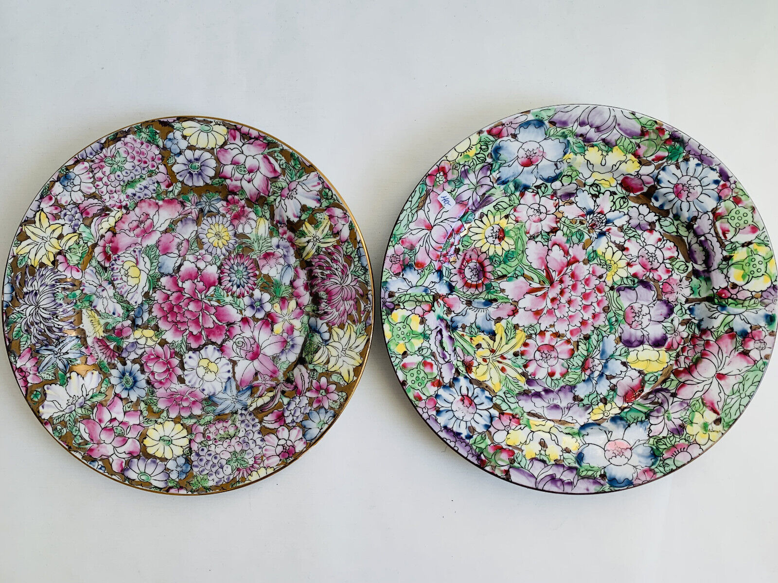Chinese Millefiori Porcelain 2 Plates Famille-Rose Glazed Vintage