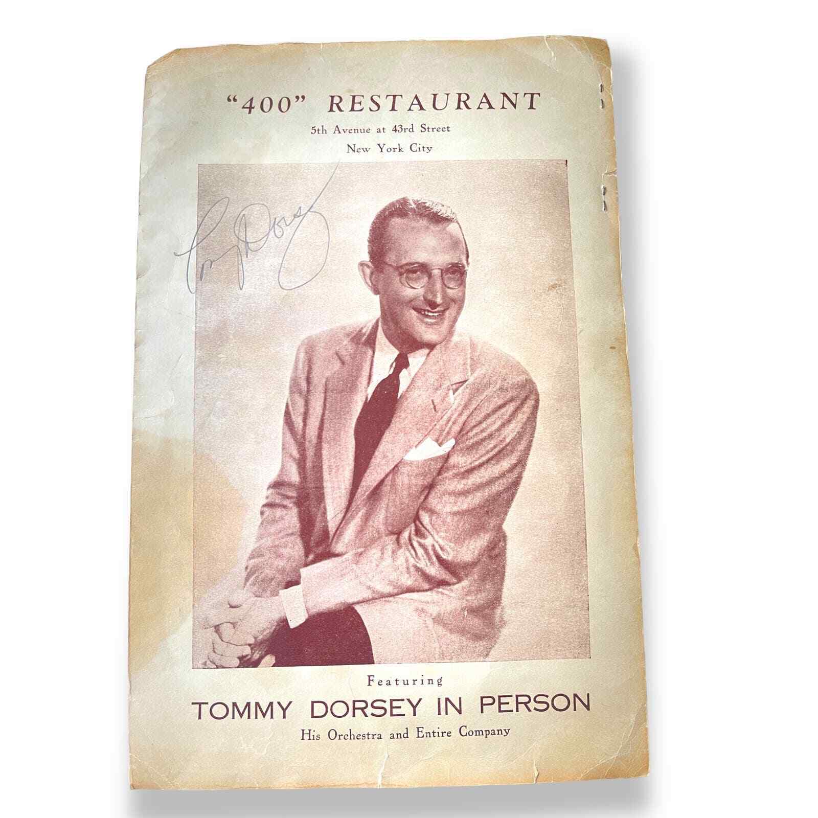 1940\'s Vintage Tommy Dorsey Signed Menu 400 Restaurant New York City Rare