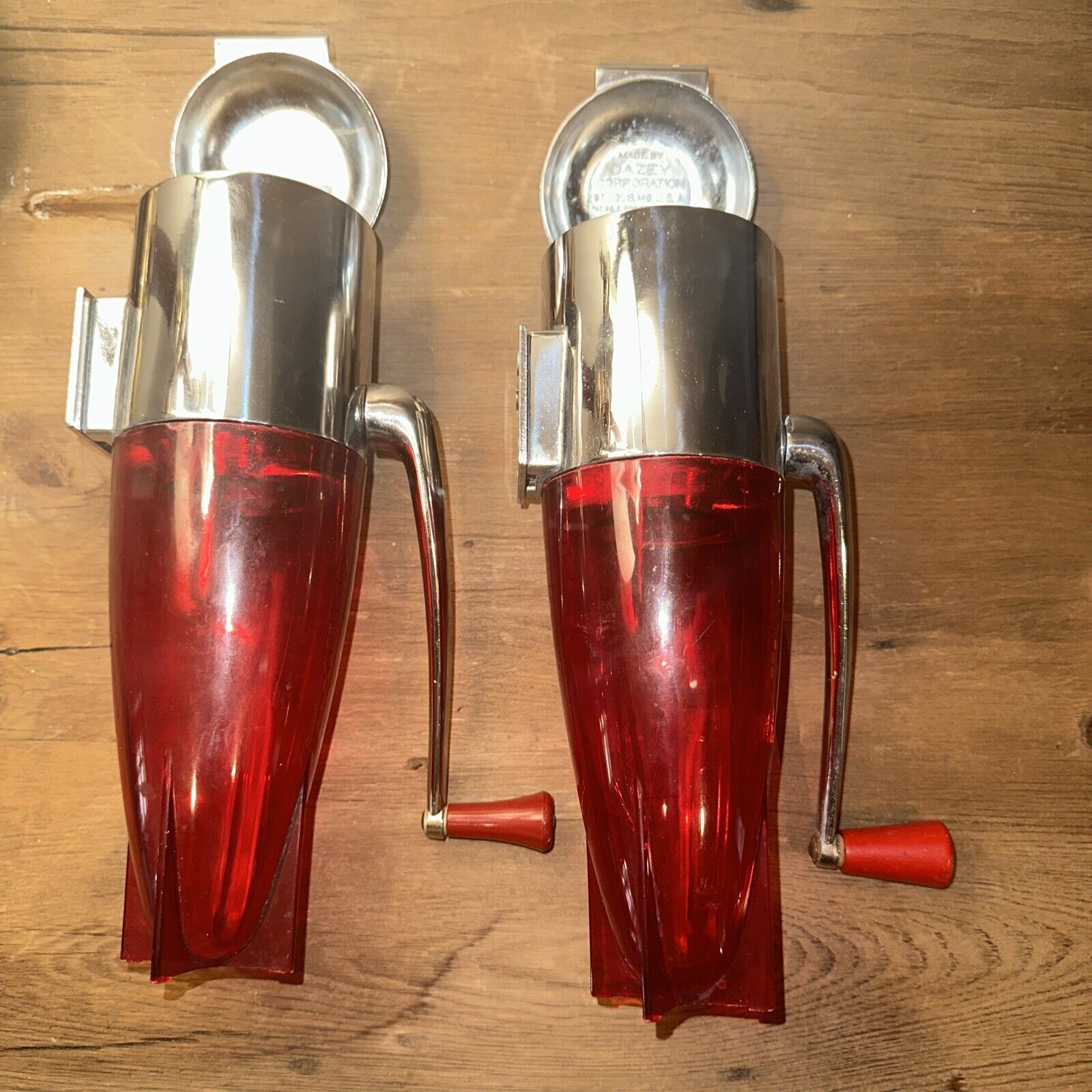 Dazey Rocket Ice Crusher Model 160 Red/Chrome Crank 1950's Set Of 2