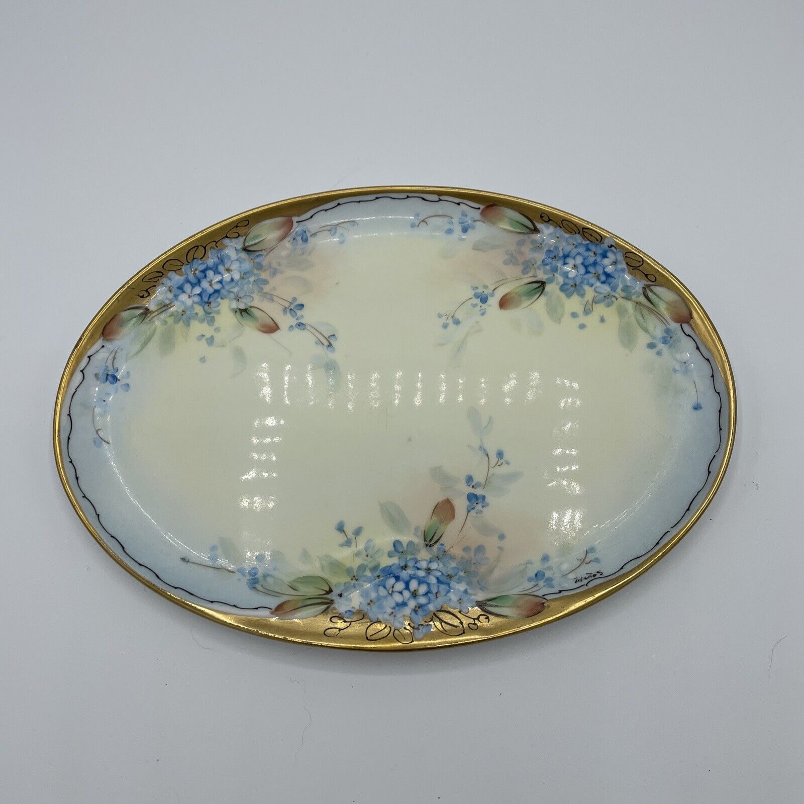 Vintage Limoges Trinket Pin Tray Small Blue Flowers & Gold Edge FRANCE 10”x7.5”