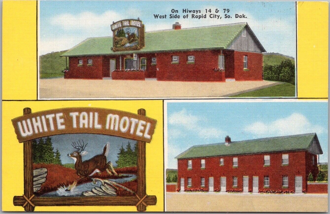 1950s RAPID CITY South Dakota Postcard WHITE TAIL MOTEL Highway 14 / Kropp Linen