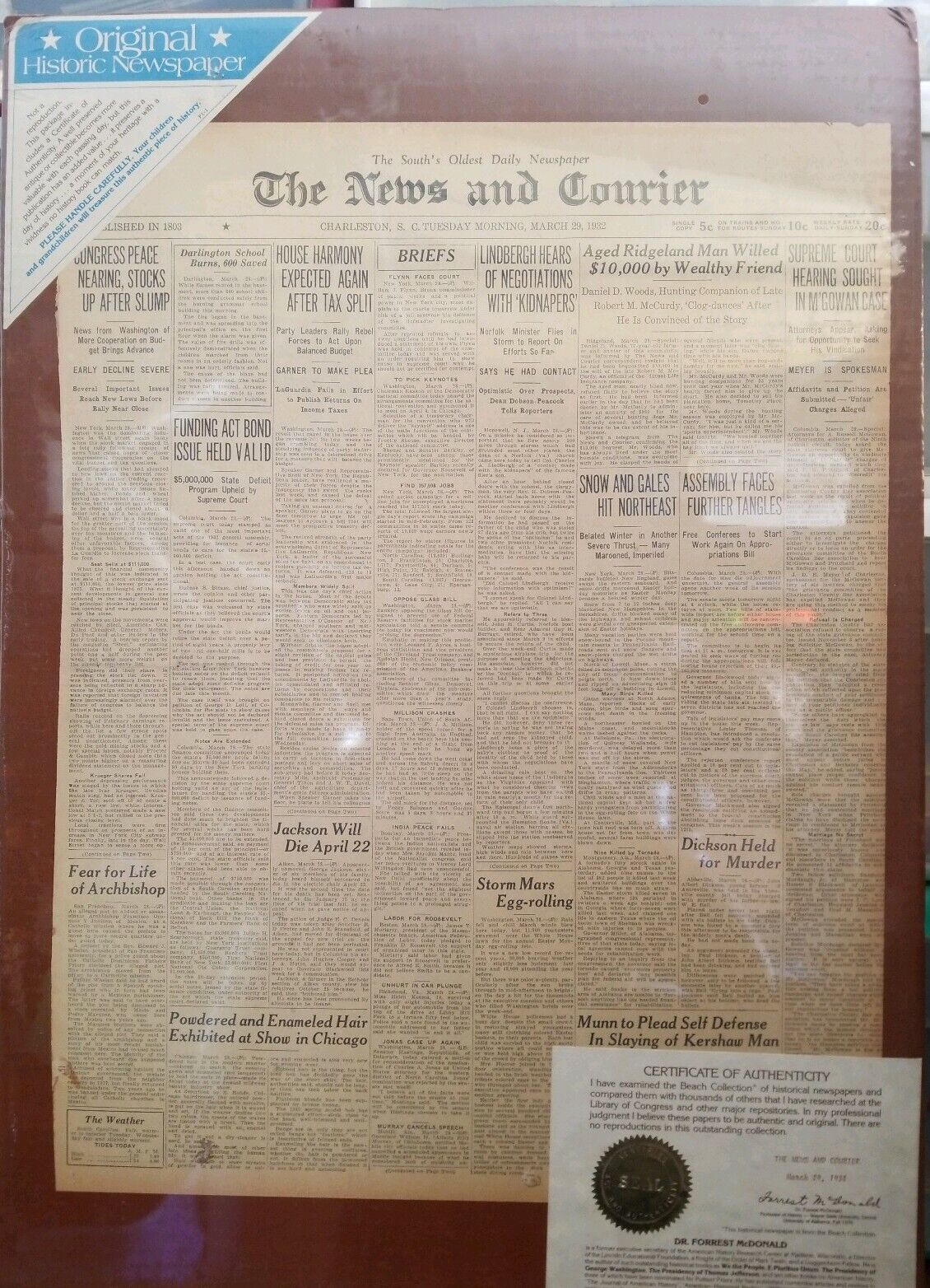 Original Antique Historic Newspaper The News And Conrier 1932  with Certificate 