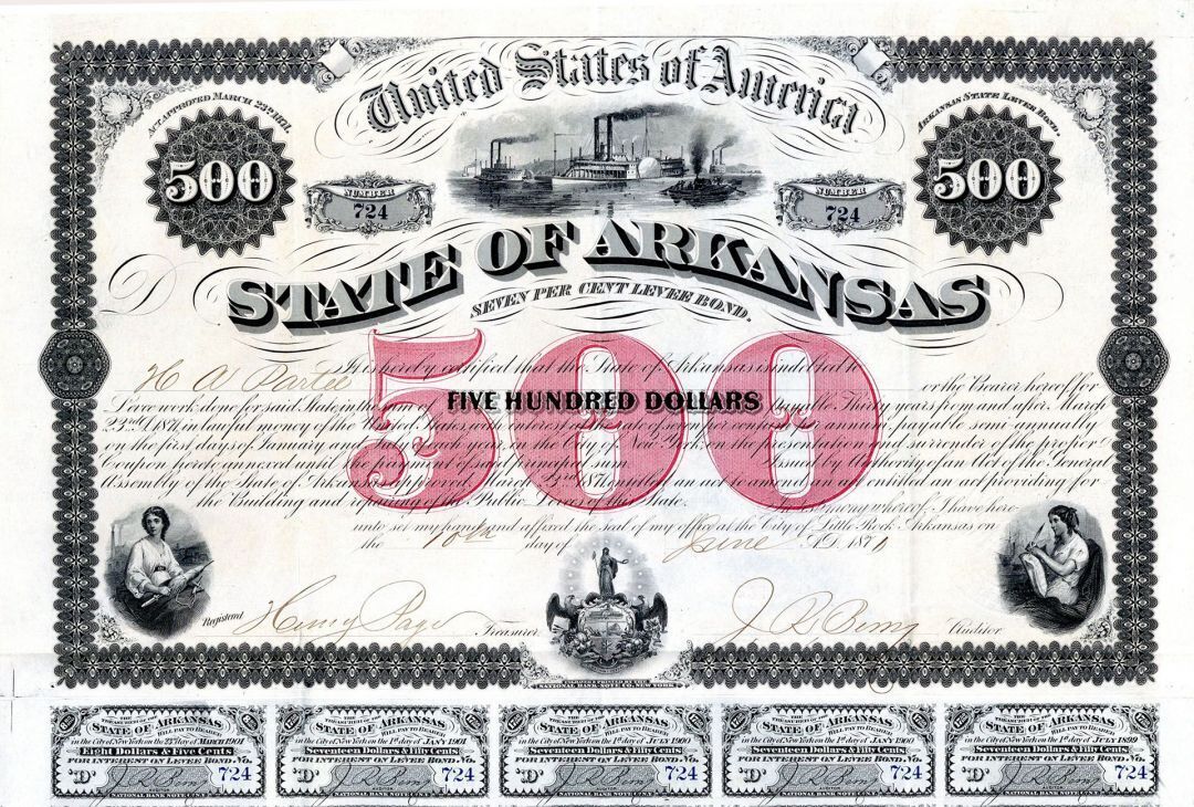 State of Arkansas - Little Rock, Arkansas - $500 7% Levee Bond (Uncanceled) - So
