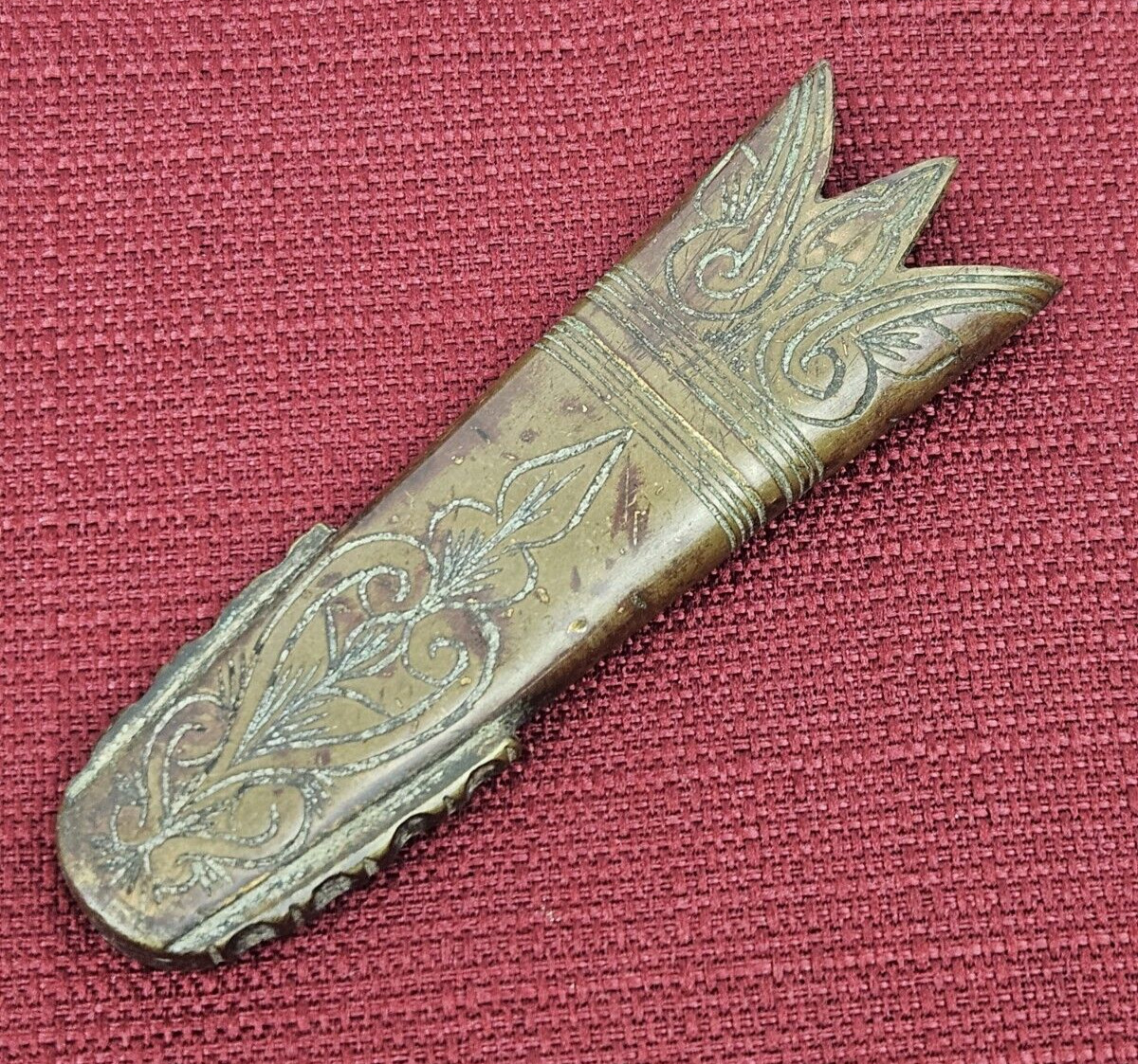Early Antique Engraved Sword Sheath Tip Bronze? 3.75\
