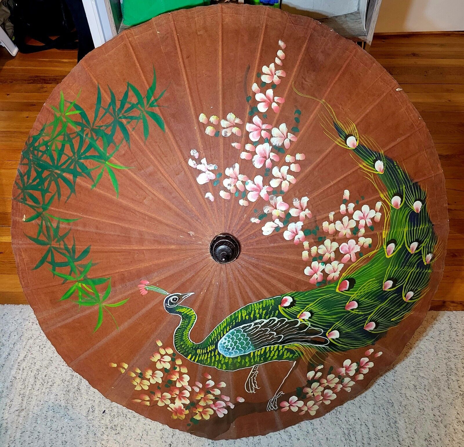 Bamboo and Rice Paper Parasol with Handpainted Peacock Design 40\