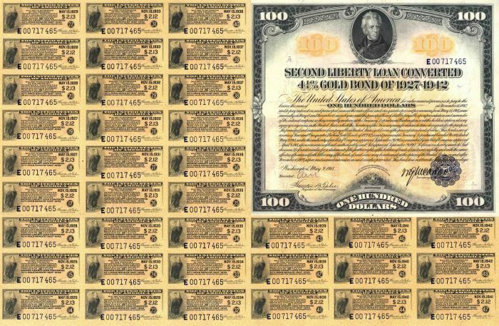 $100 2nd Liberty Loan Bond - 1918 U.S. Treasury Bond - U. S. Treasury Bonds, etc