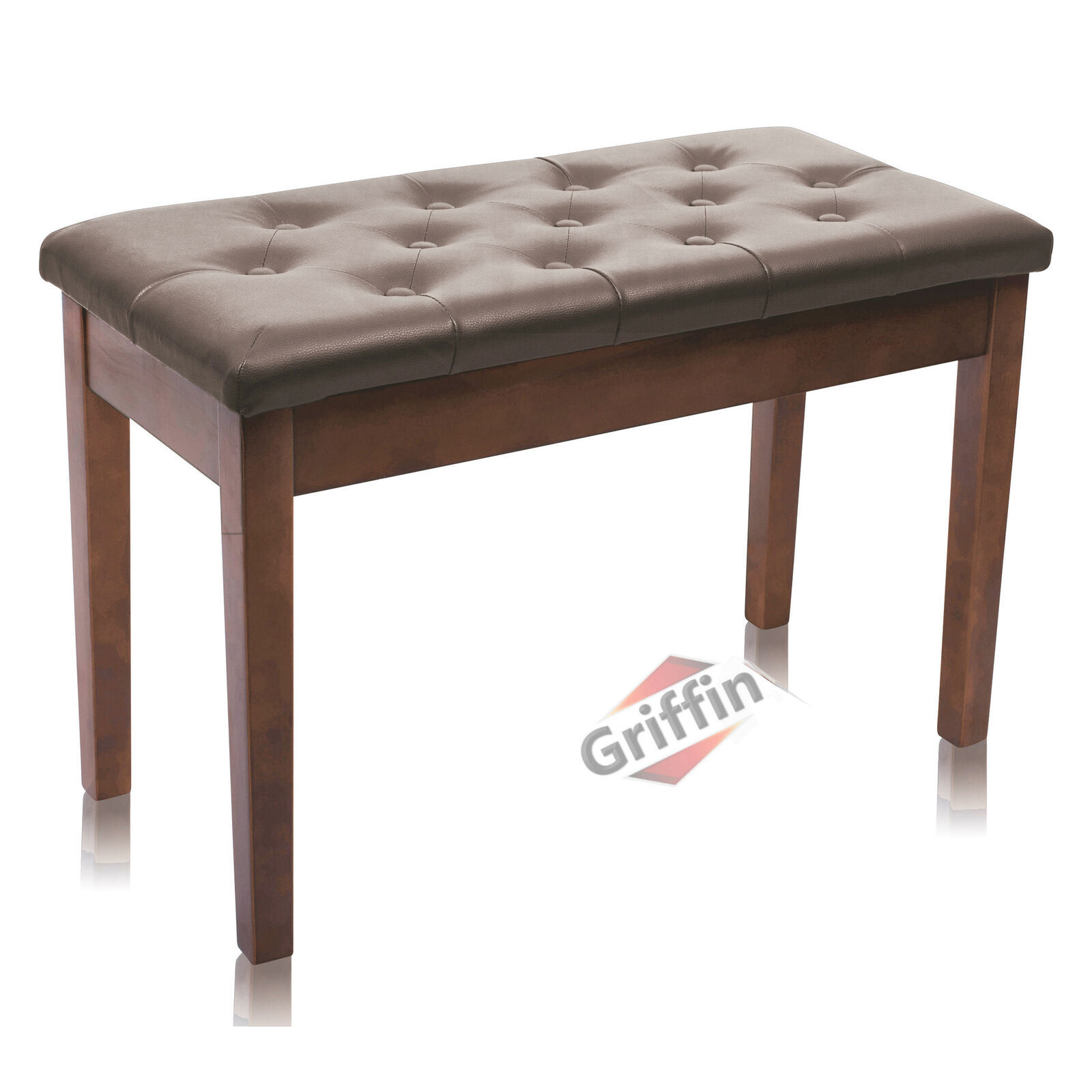 GRIFFIN Brown Leather Piano Bench Wood Keyboard Seat Music Storage Guitar Stool