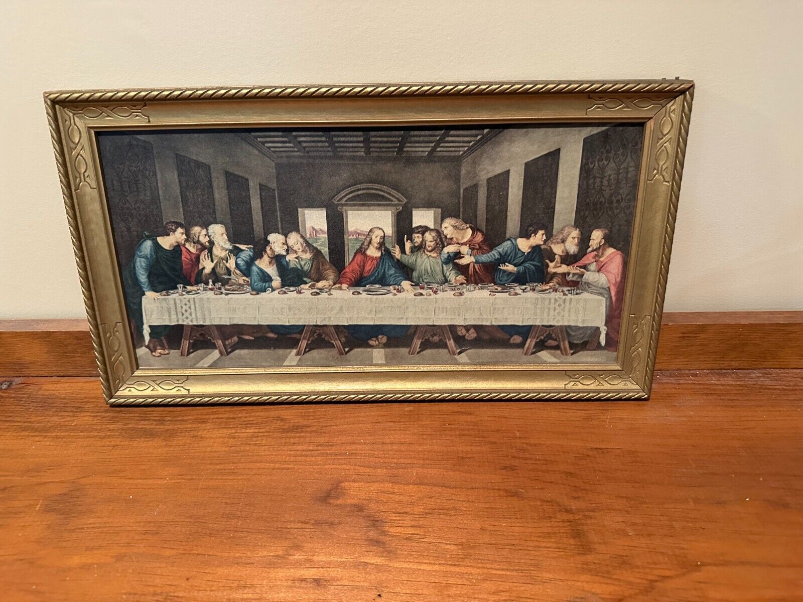 Vintage Framed Last Supper Print Wall Hanging, Wood Gold Frame 23.5