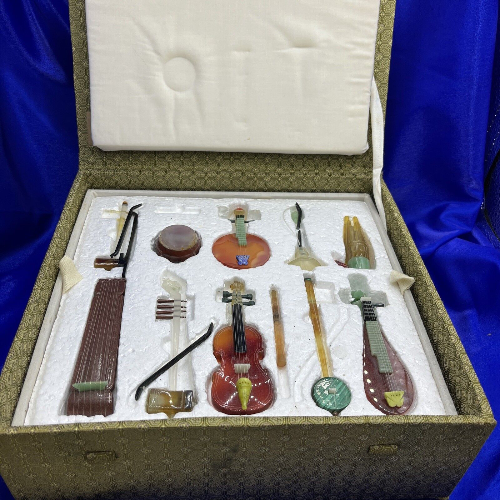Vintage Semi Precious Jade & Agate Miniature Musical Instruments & Stands