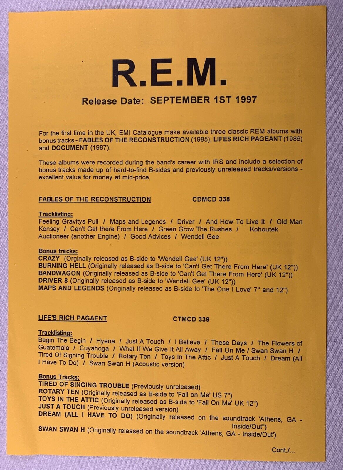 R.E.M Press Release Original Vintage EMI Triple Album Release September 1997