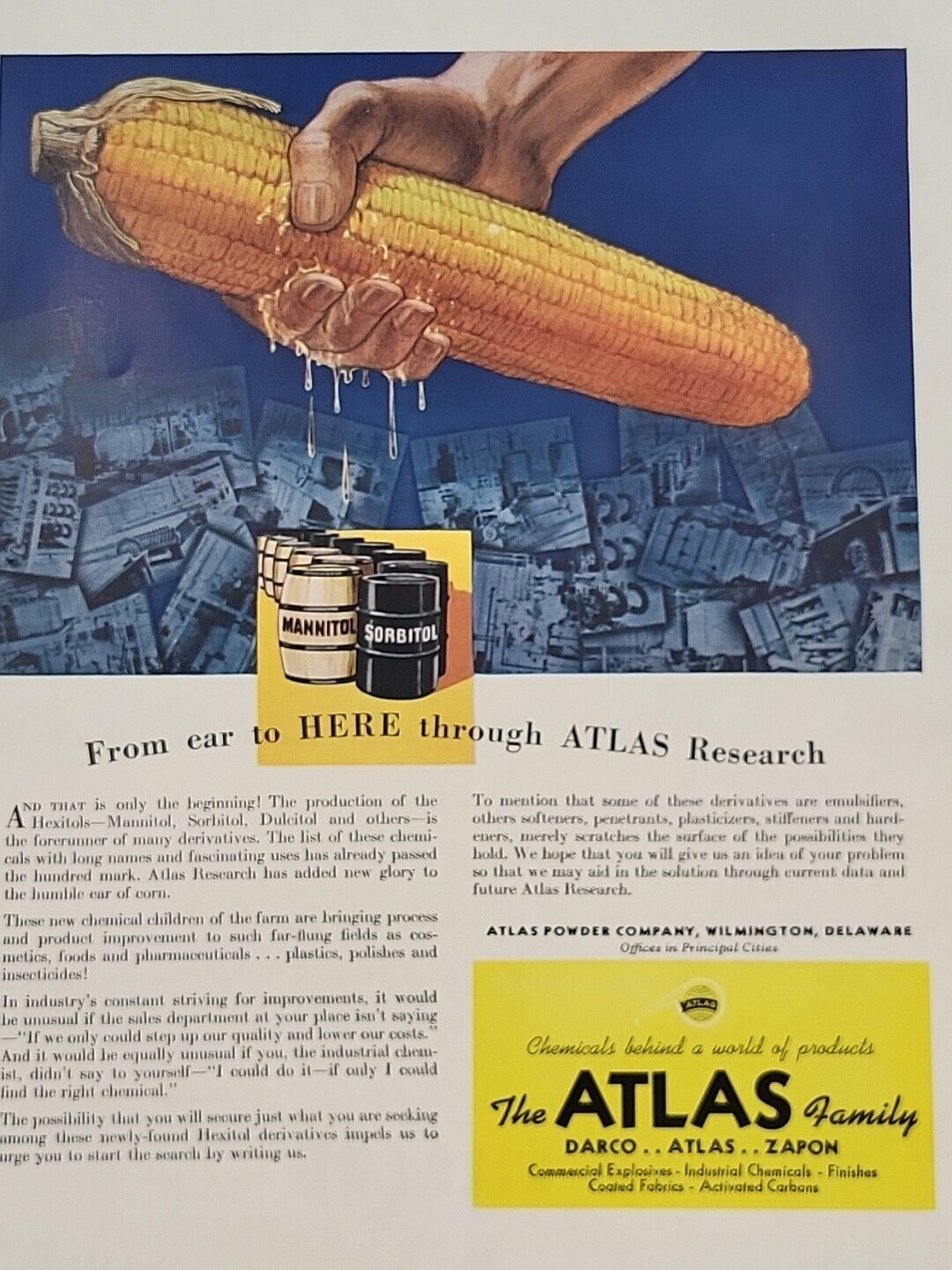 1940 Atlas Powder Company Fortune WW2 Print Ad Corn Mannitol Sorbitol Wilmington