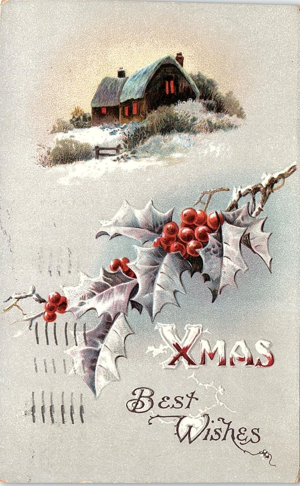 c1915 CHRISTMAS XMAS BEST WISHES HOLLY BERRY WISCONSIN EMBOSSED POSTCARD 41-156