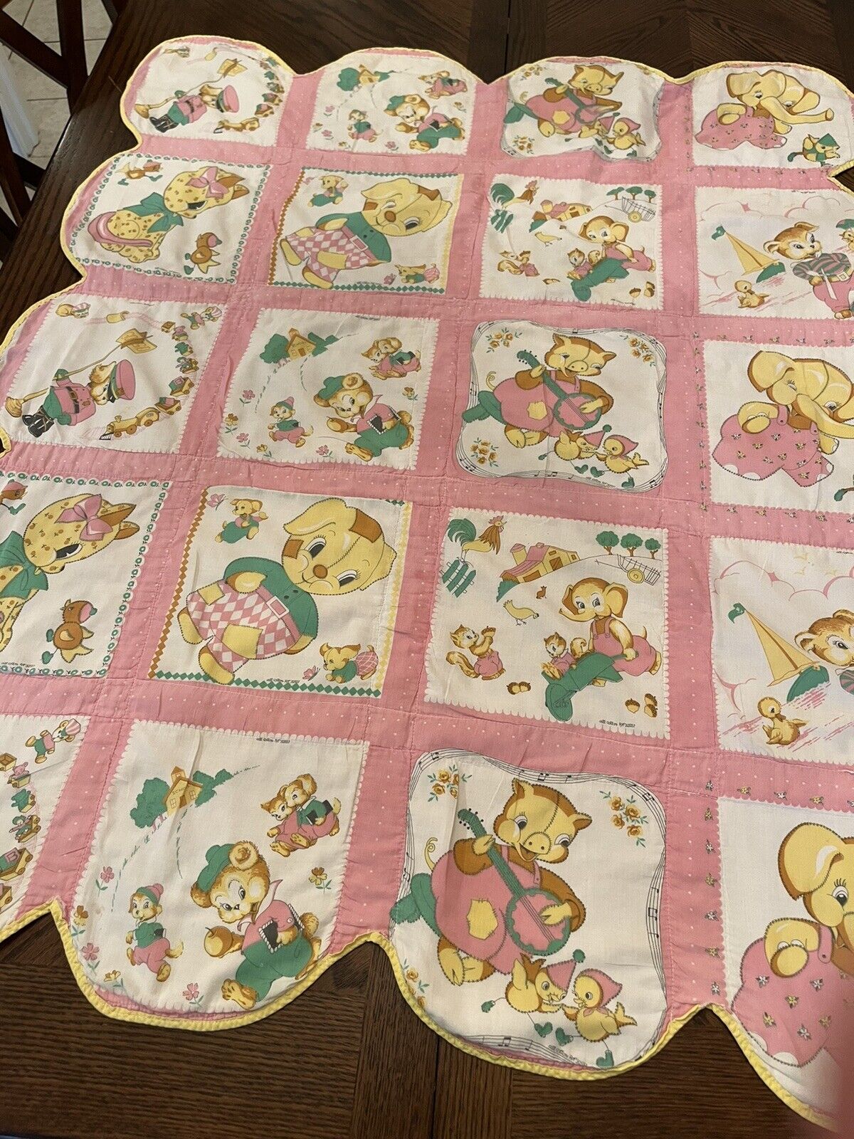 Vintage Novelty Children Baby Quilt 60’s Pink White Yellow And Green 36” X 44”