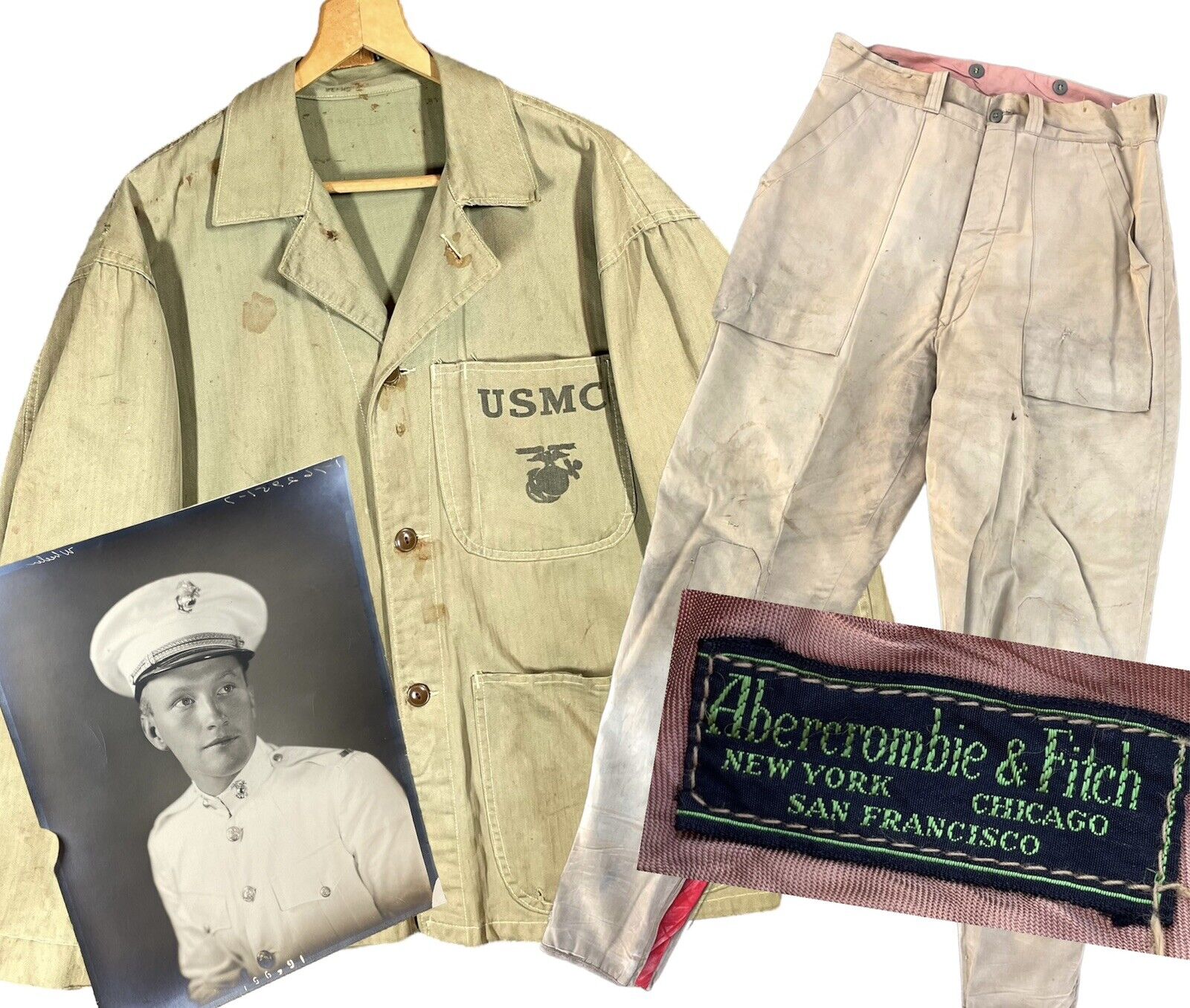 WWII USMC Uniform Lot P41 HBT Jacket Pants Named ID Abercrombie & Fitch SALTY
