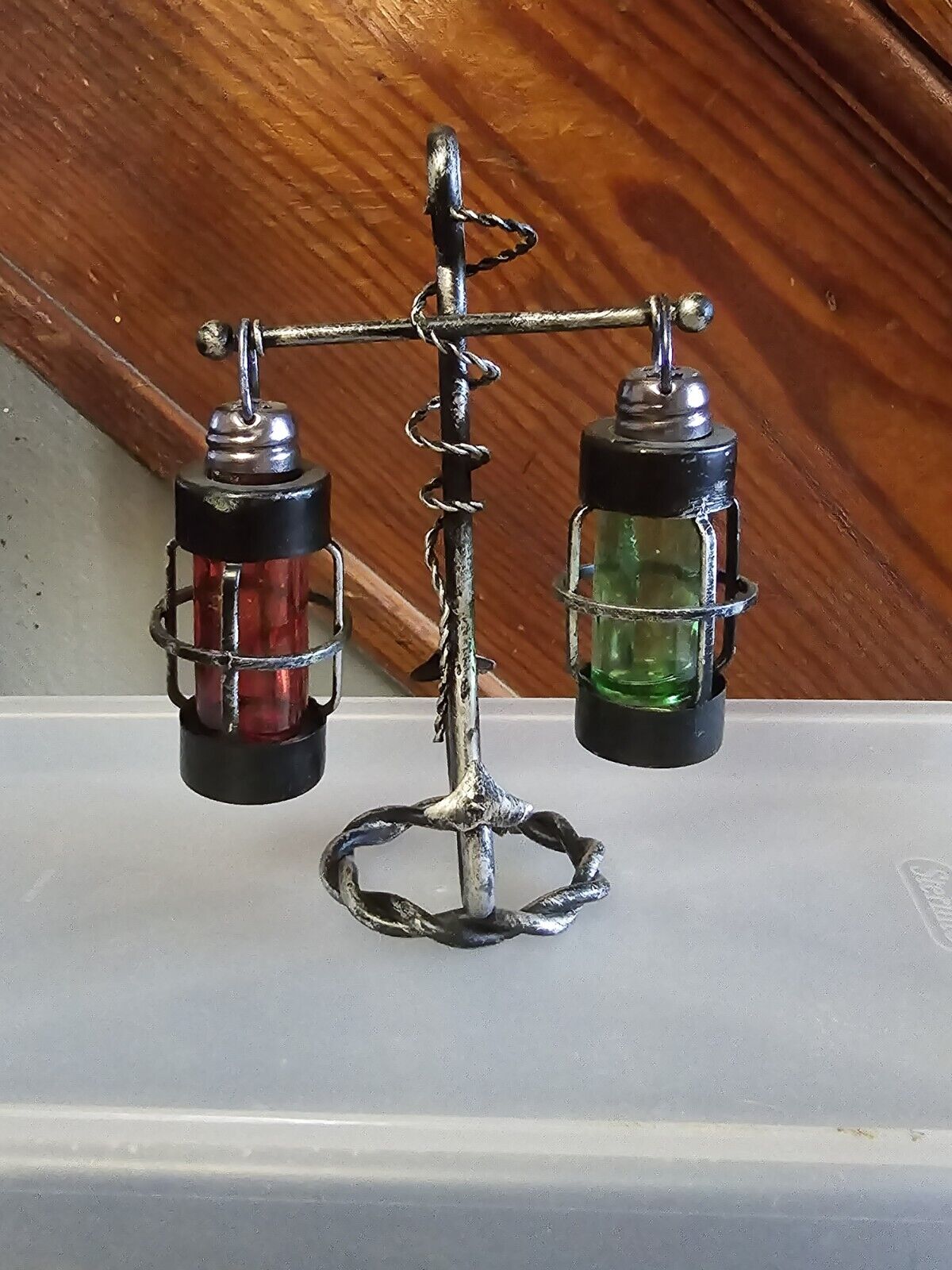 Vintage Nautical Glass Hanging Lantern Salt & Pepper Shakers Metal Anchor Stand