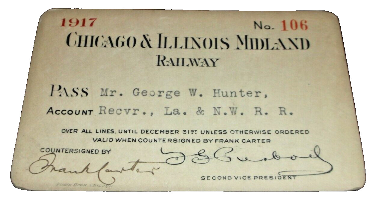 1917 C&IM CHICAGO & ILLINOIS MIDLAND EMPLOYEE PASS #106. L&NW