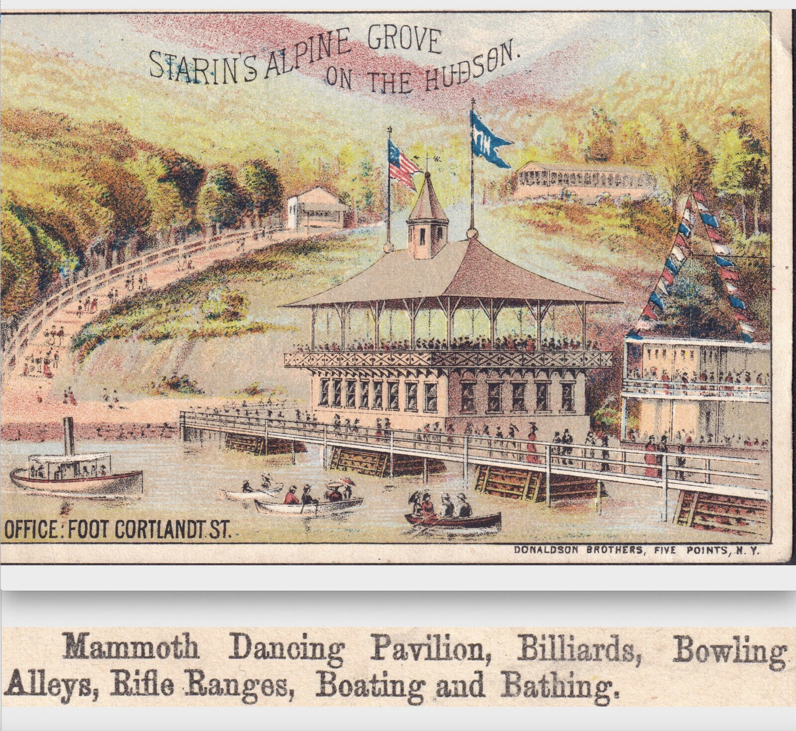 Starin Steamer Ship Glen Island 1880 Billiards Bowling Dancing Resort NY Ad Card