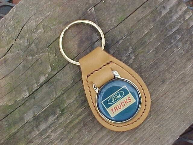 FORD TRUCKS BLUE OVAL TRUCK TAN LEATHER KEY FOB VINTAGE NOS SCARCE FIND