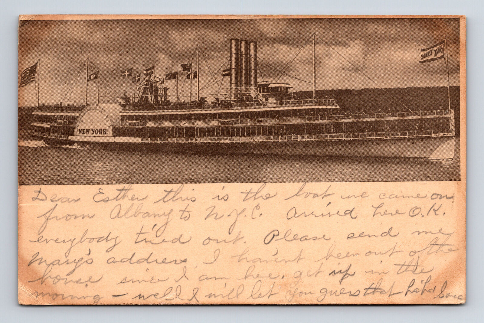 c1907 Hudson River Day Line SS New York? Steamship New York NY Postcard