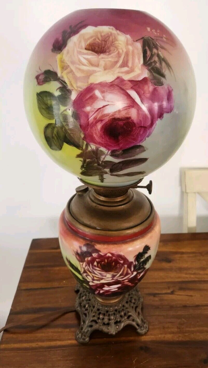 ANTIQUE VICTORIAN GONE WITH THE WIND LAMP BIG ROSES SUCCESS
