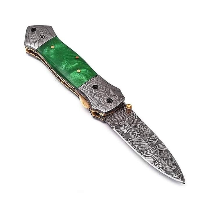 Custome Handmade Damascus Steel  Green  Pocket Knives  With Sheath