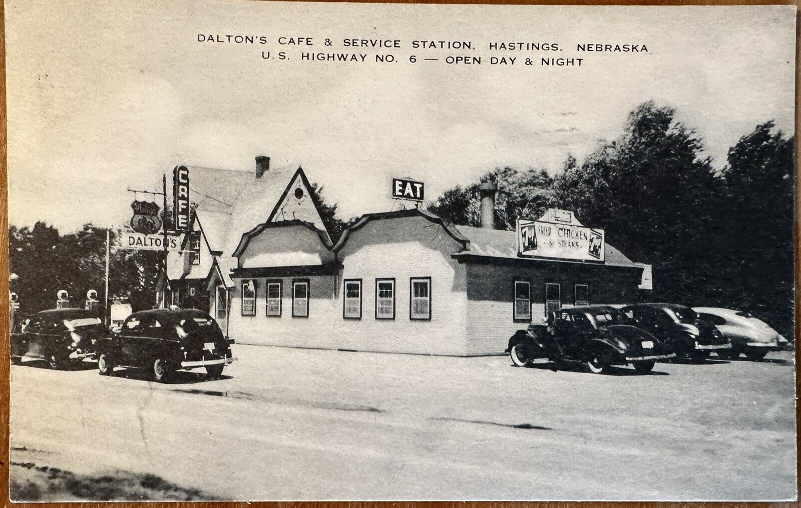 1949 RPPC Postcard - Cafe Service Station- Hastings NE, Street Scene - Old Cars