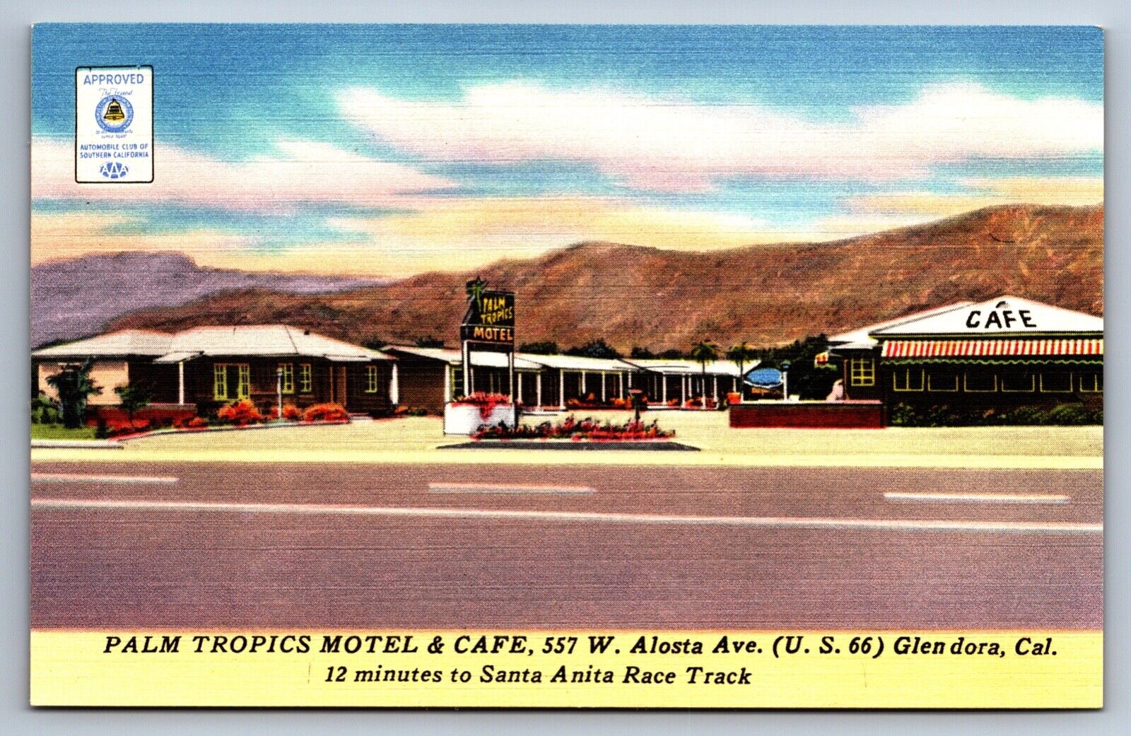 Linen Postcard Glendora California Palm Tropics Motel & Cafe AAA c1940s UNP