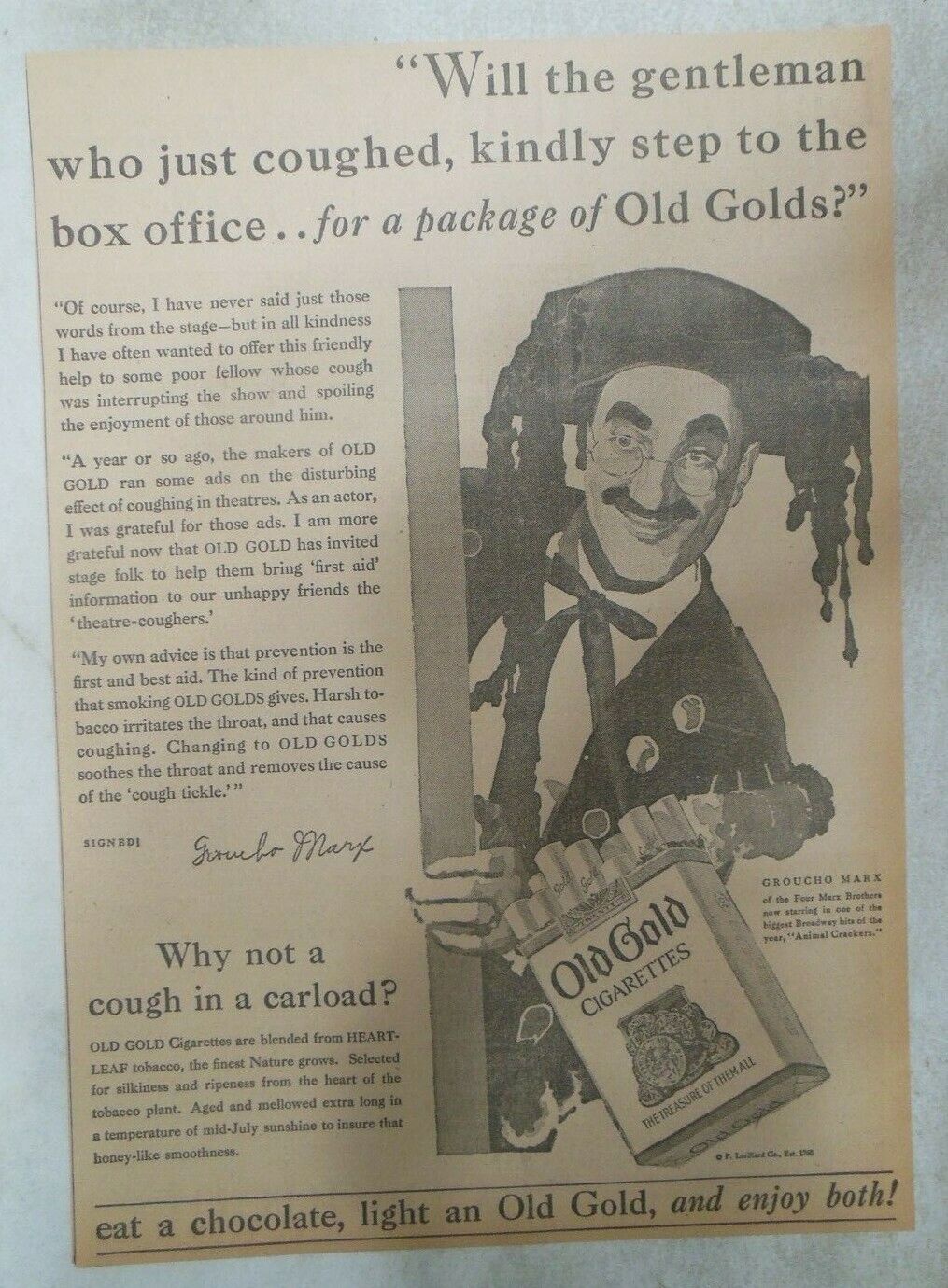 Old Gold Cigarette Ad: Groucho Marx (Actor/Comedian)  from 1928 10 x 15 inches