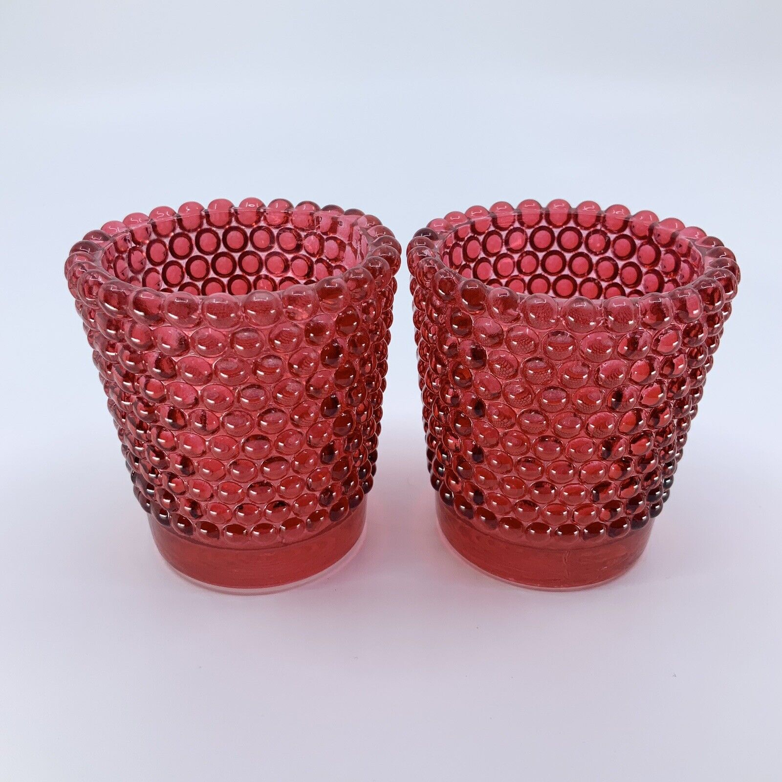 VTG Pair of Ruby Red Flashed Glass Hobnail Votive Candle Toothpick Holders 2.5”