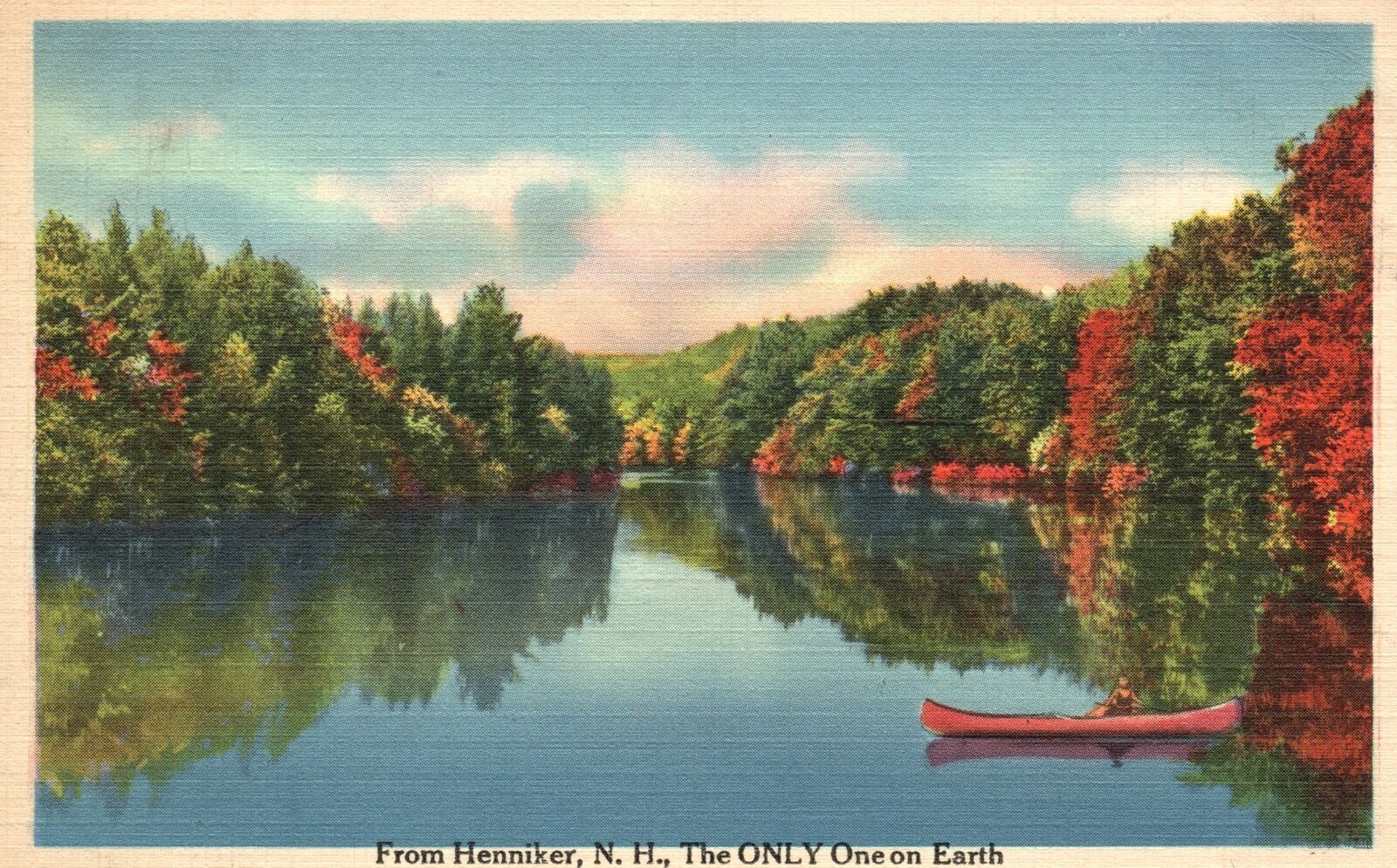 Henniker NH-New Hampshire, 1939 Lake Scene Canoe Tree Lined Vintage Postcard