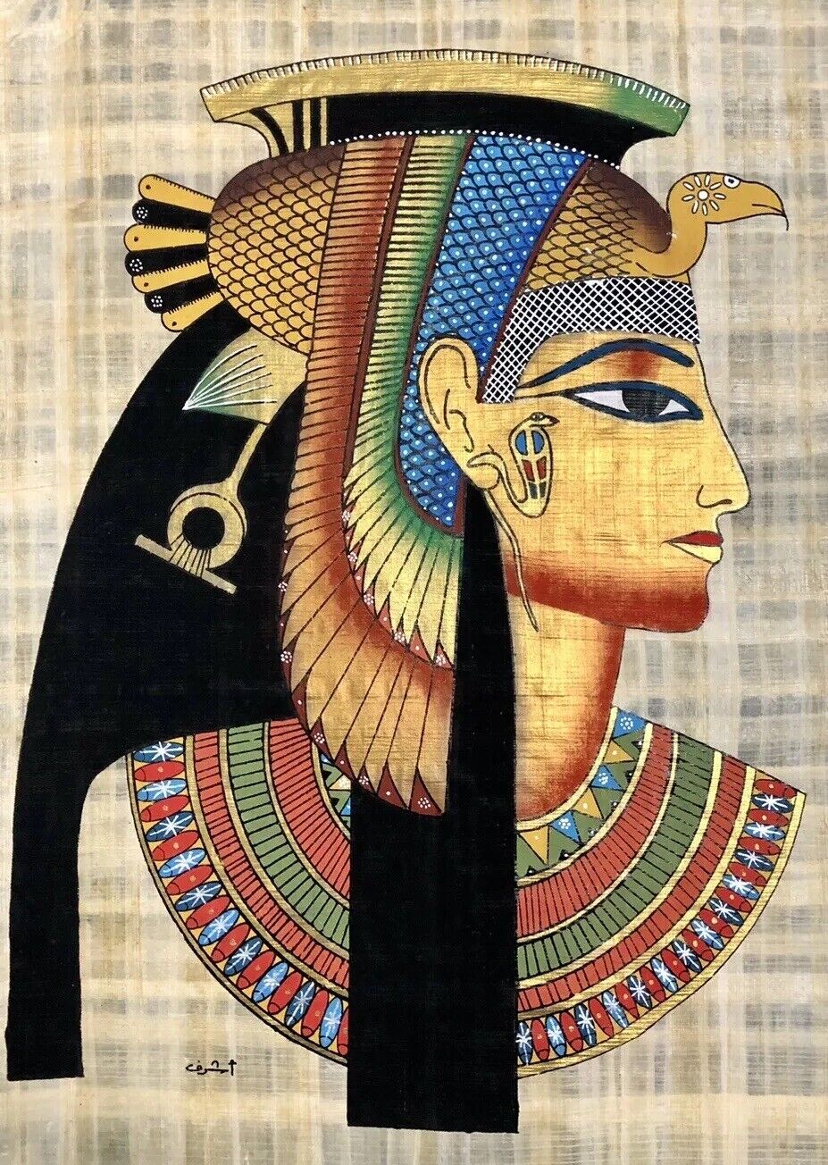 Vintage Authentic Hand Painted Egyptian Papyrus Queen Cleopatra 16x24”