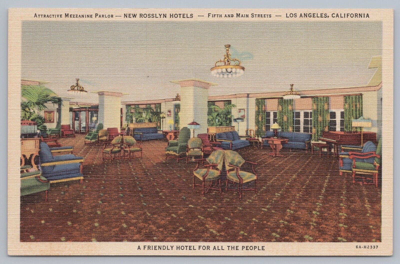 Los Angeles, California Rosslyn Hotels Mezzanine Vtg Linen Postcard Travel
