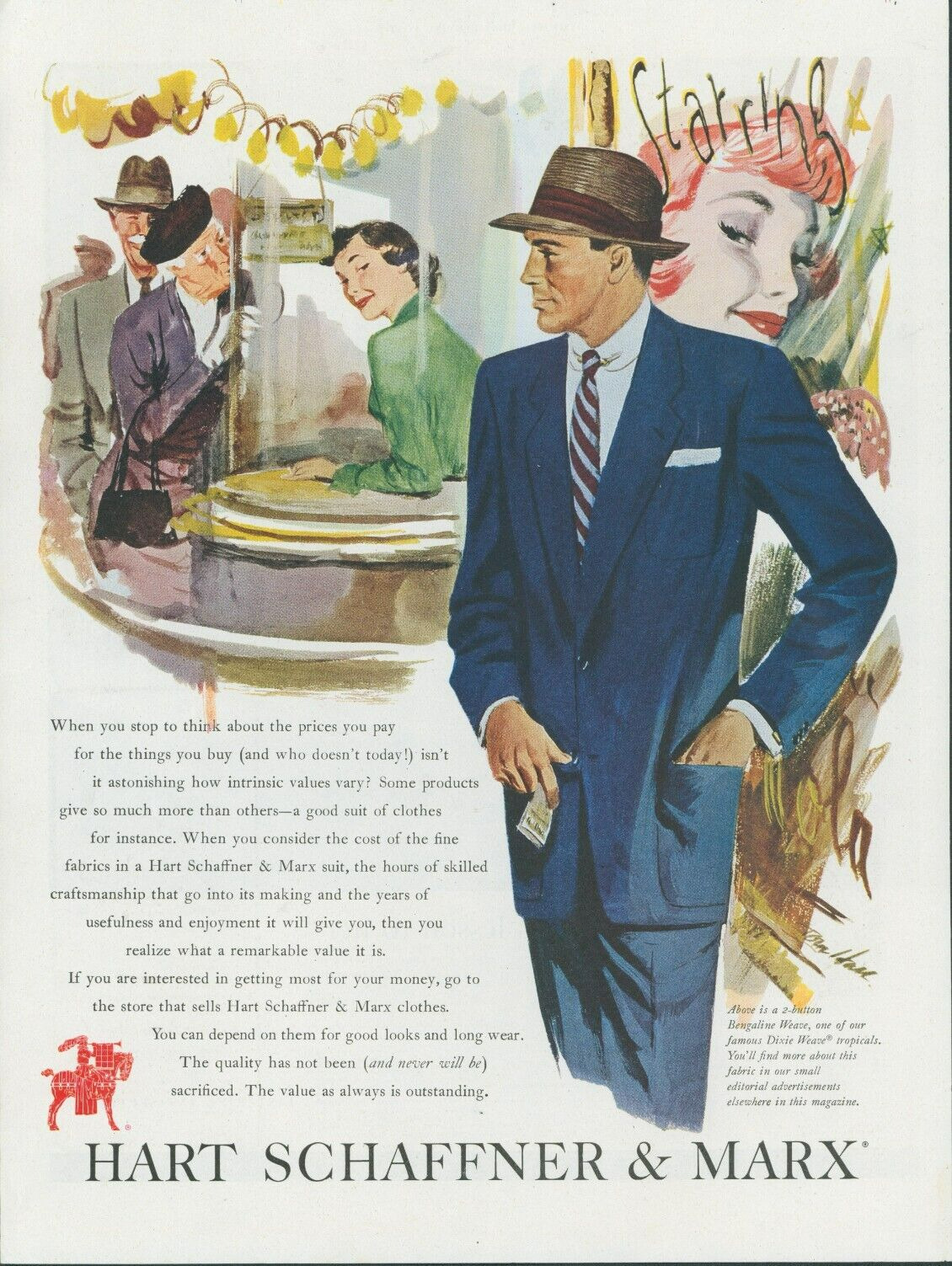 1951 Hart Schaffner & Marx Suit Movie Theater Ticket Booth Vintage Print Ad SP16