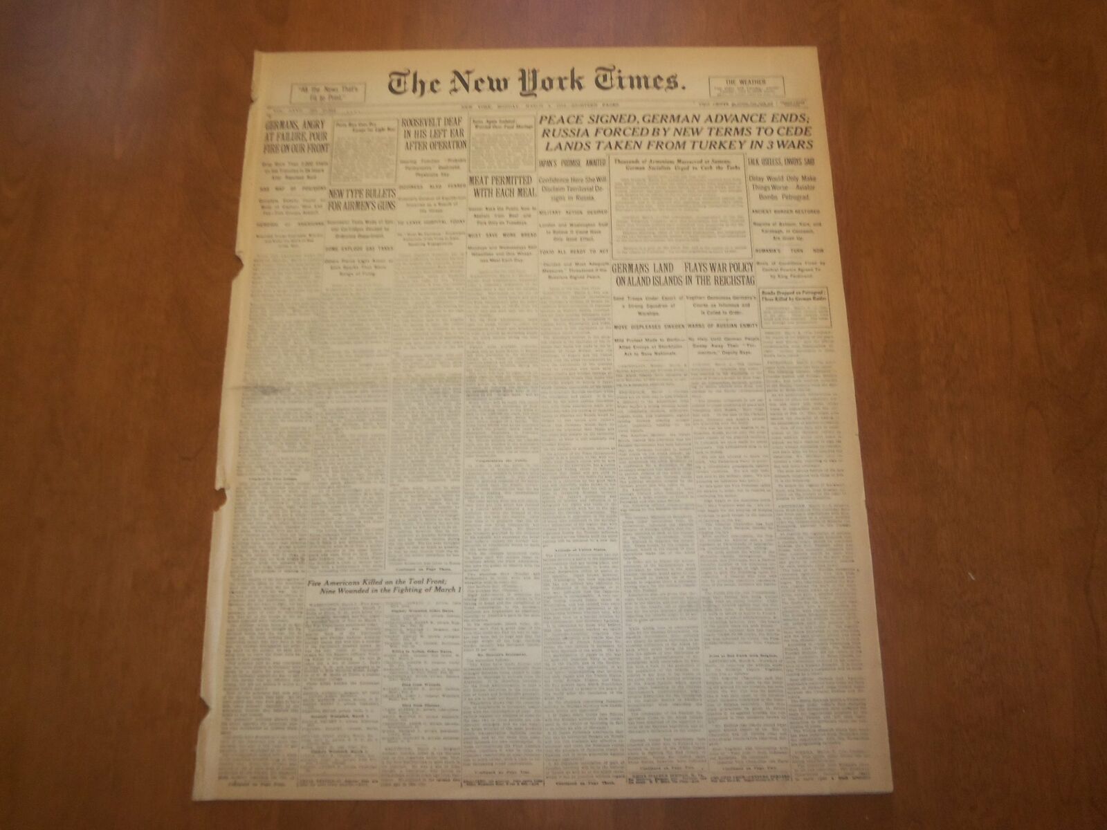 1918 MARCH 4 NEW YORK TIMES - PEACE SIGNED, GERMAN ADVANCE ENDS - NT 8141