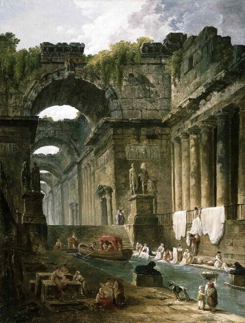 Oil painting Ruins-of-a-Roman-Bath-with-Washerwomen-Hubert-Robert-oil-painting