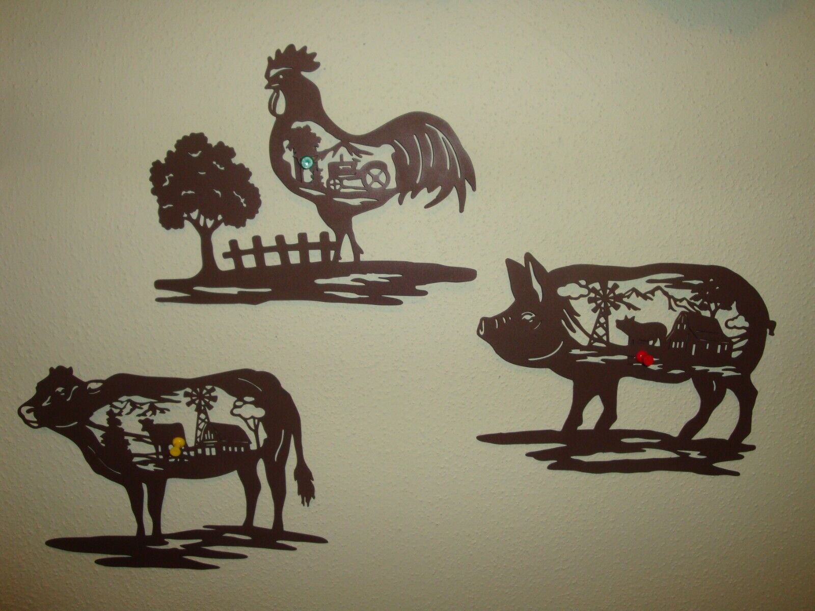 3 Piece Set of Dk. Brown Metal Silhouette Farm Animals- Wall Hangings-8 1/2 x 6