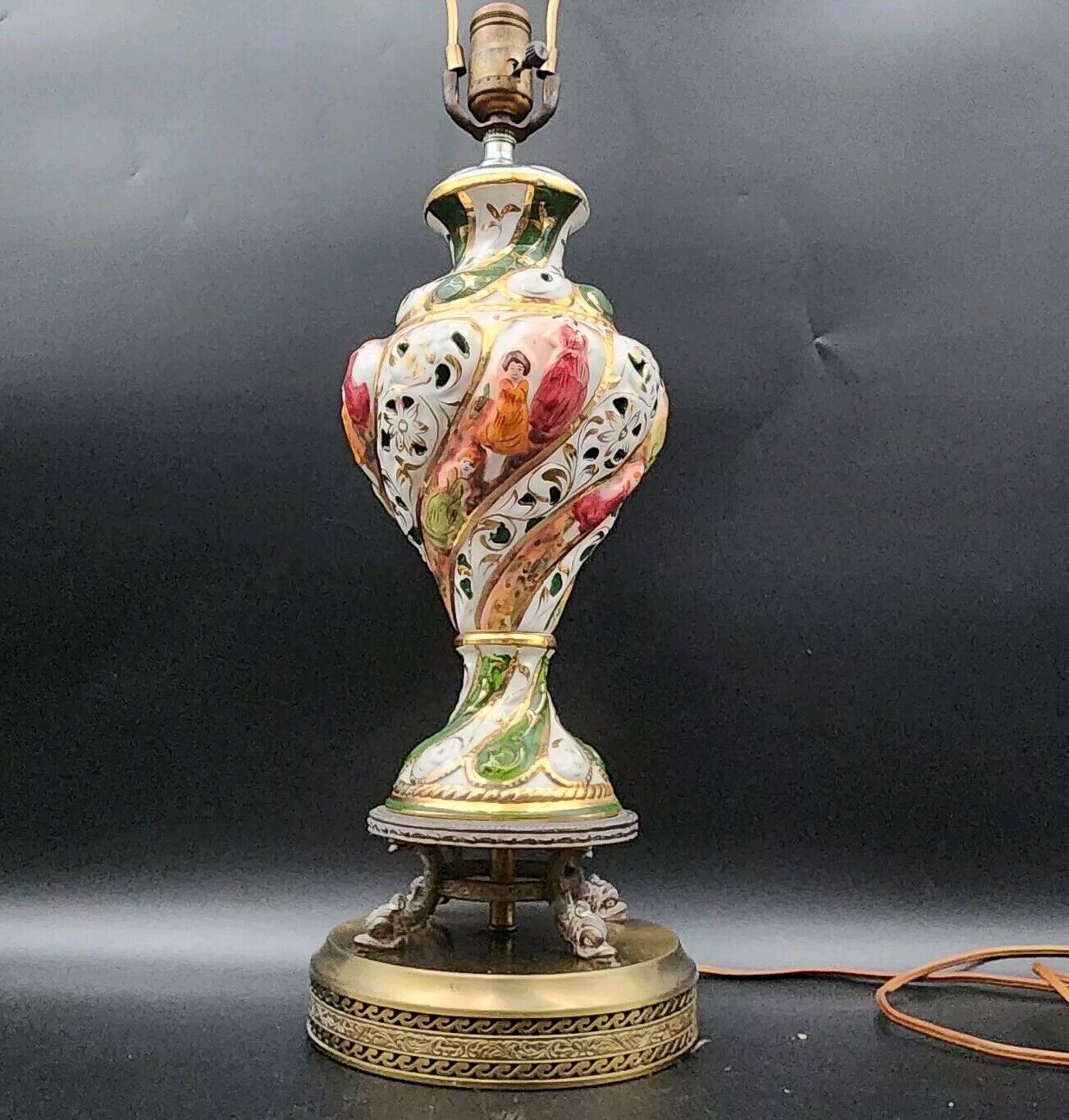 Vintage Capodimonte Lamp Porcelain Raised Relief Handpainted Italy 31” 