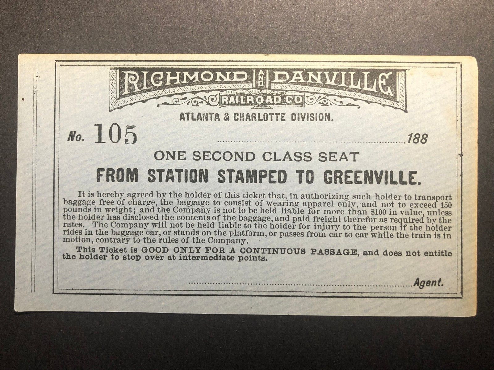 1880's Richmond and Danville Railroad to Greenville Unused Ticket #105 Scarce